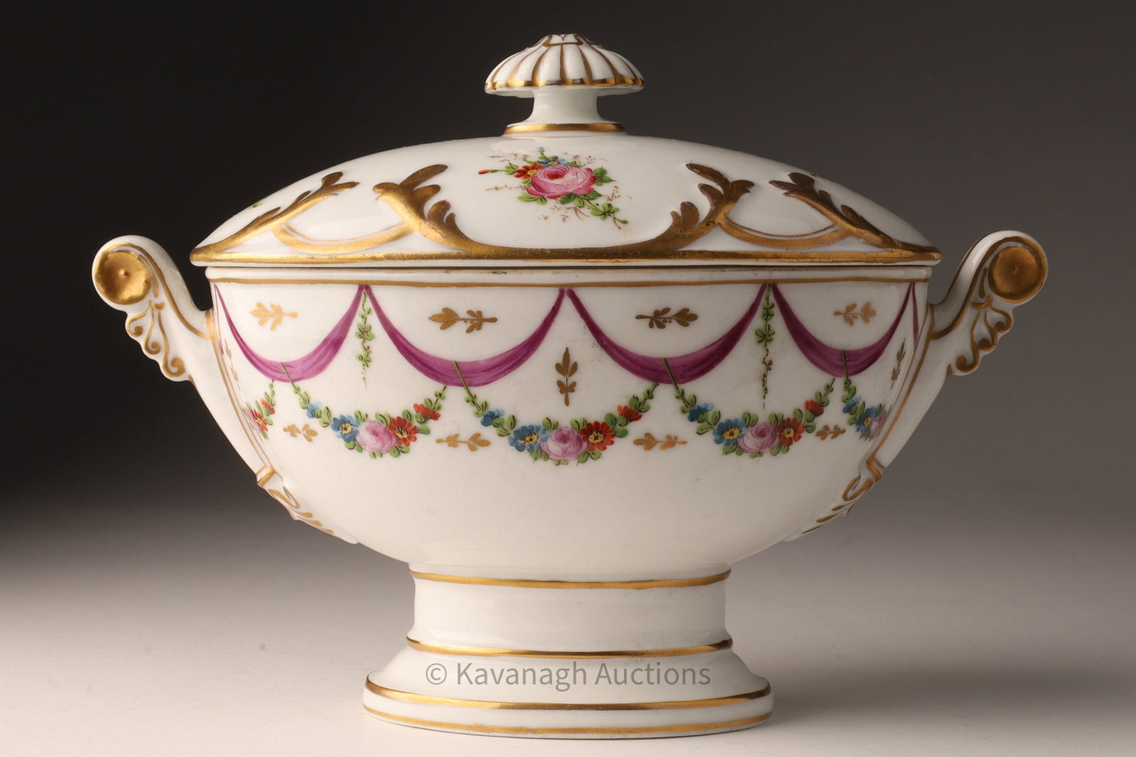 Antique Sevres Chateau des Tuileries Compote: Antique French Sevres Chateau des Tuileries Compote. Marked on underside, hand painted bouquets and garland swags. 8.5 inches x 6 x 4.5 deep.