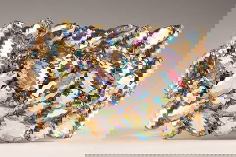 MCM Blue Aurora Sherman 3 Panel Cuff Bracelet: Mid Century Vintage Blue Aurora Sherman Swarovski Crystal 3 Panel Cuff Bracelet. Signed on interior, measures 8 inches x 1.5 W.