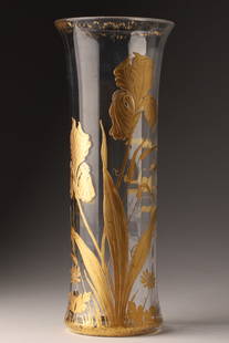 French St Louis Crystal Iris Vase, circa 1920: 1920 French Compagnie des Cristalleries de Saint-Louis Crystal Iris Vase. A large, ribbed glass vase decorated with fine gold enamelled Iris flowers. Some wear to the gold feathering at the rim and ba