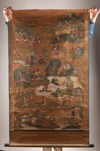 Antique Chinese Embroidered Kesi Scroll Painting: An antique Kesi style silk embroidered scroll depicting warriors on horseback. Top section missing and showing repair. It measures approximately 134cm long x 80cm wide, 54 inches L x 31 W, 35 W with h