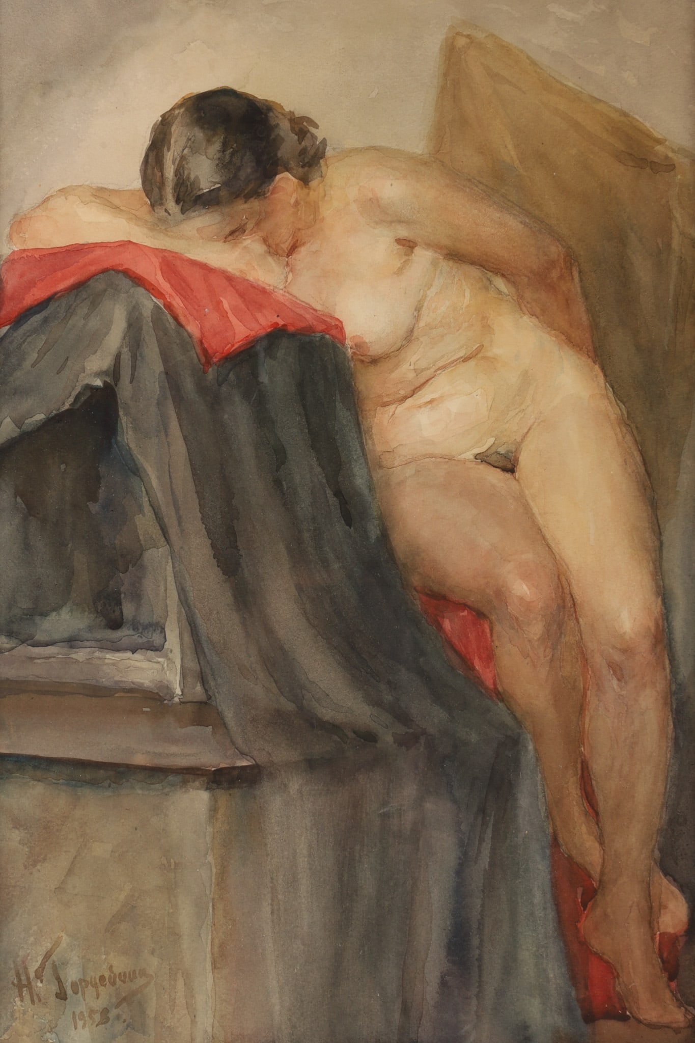 Nikolay Gordeychek Watercolour Seated Female Nude: Nikolay Gordeychek (20th Century Russian) Watercolour Painting, Seated Nude at a Draped Podium. Painted on stiff paper signed in Cyrillic and dated 1958 lower left. Painting measures 12 inches H x 8.5