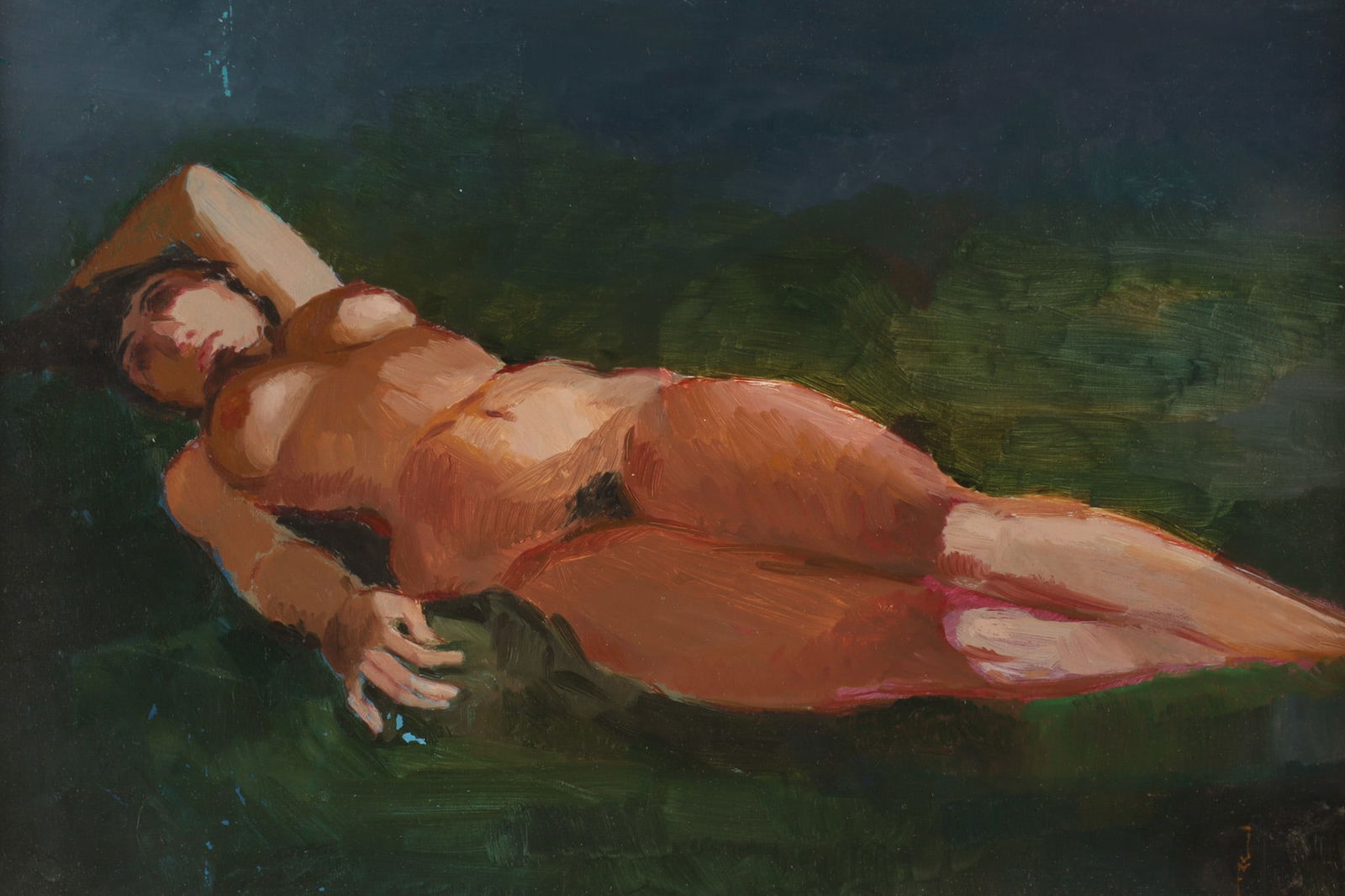 Jan Funnekotter Oil on Board Reclining Female Nude: Jan Funnekotter (Dutch - Canadian, 1929-2019) Oil on artist board, Reclining Female Nude titled Nu Couche. Board measures 7 inches H x 10 W, Framed size 14 inches x 17. Original paper Martin gallery l