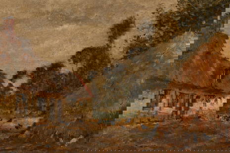 James MacDonald Barnsley (Canadian, 1861-1929): James MacDonald Barnsley (Canadian, 1861 - 1929) Oil on Cardboard, Farmyard Scene. Initialled JMB lower left. Scene depicting a haystack next to a building with chickens in the courtyard. Measures 9.7