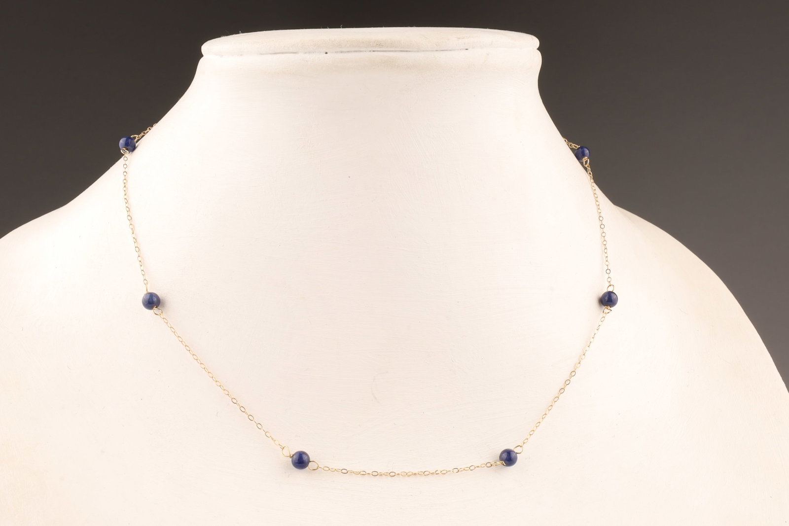 14K Gold and Lapis Lazuli Beads Necklace: 14K Gold and Lapis Lazuli Beads Necklace. 1.1 grams total weight, 15.5 inches L.