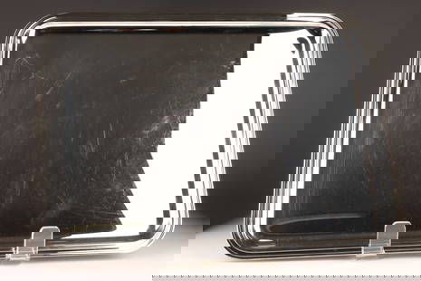Christofle France Albi Silverplate Serving Tray: Christofle France large rectangular silver plated modernist tray in the Albi pattern, marked on back Christofle France and various other hallmarks. Condition statement - light surface scratches mainly