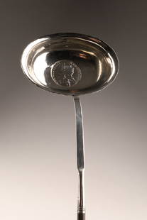 Antique Georgian Silver Toddy Spoon Baleen Handle: Antique Georgian Silver Toddy Spoon with Twisted Baleen Handle. Inset with George III coin, spoon measures 16 inches.