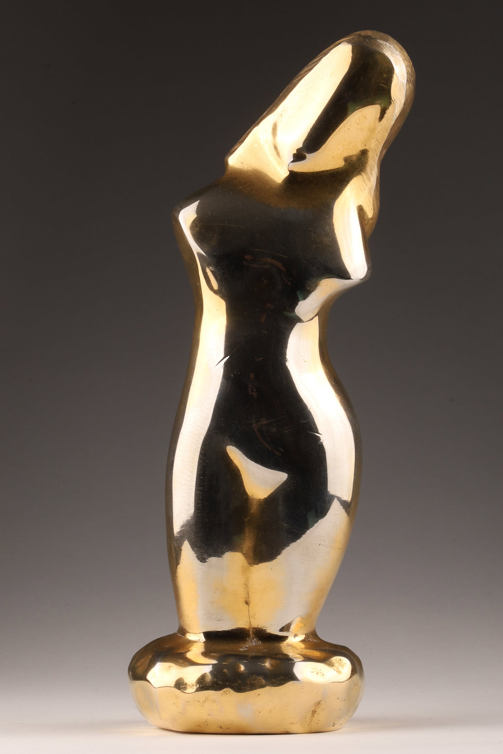 Bronze Organic Female Nude Sculpture Manner of Arp: Solid bronze biomorphic / organic abstraction formed sculpture of a partial nude female done in the manner of Hans Arp, impressed signature on back base that shows a last letter S possibly preceded by