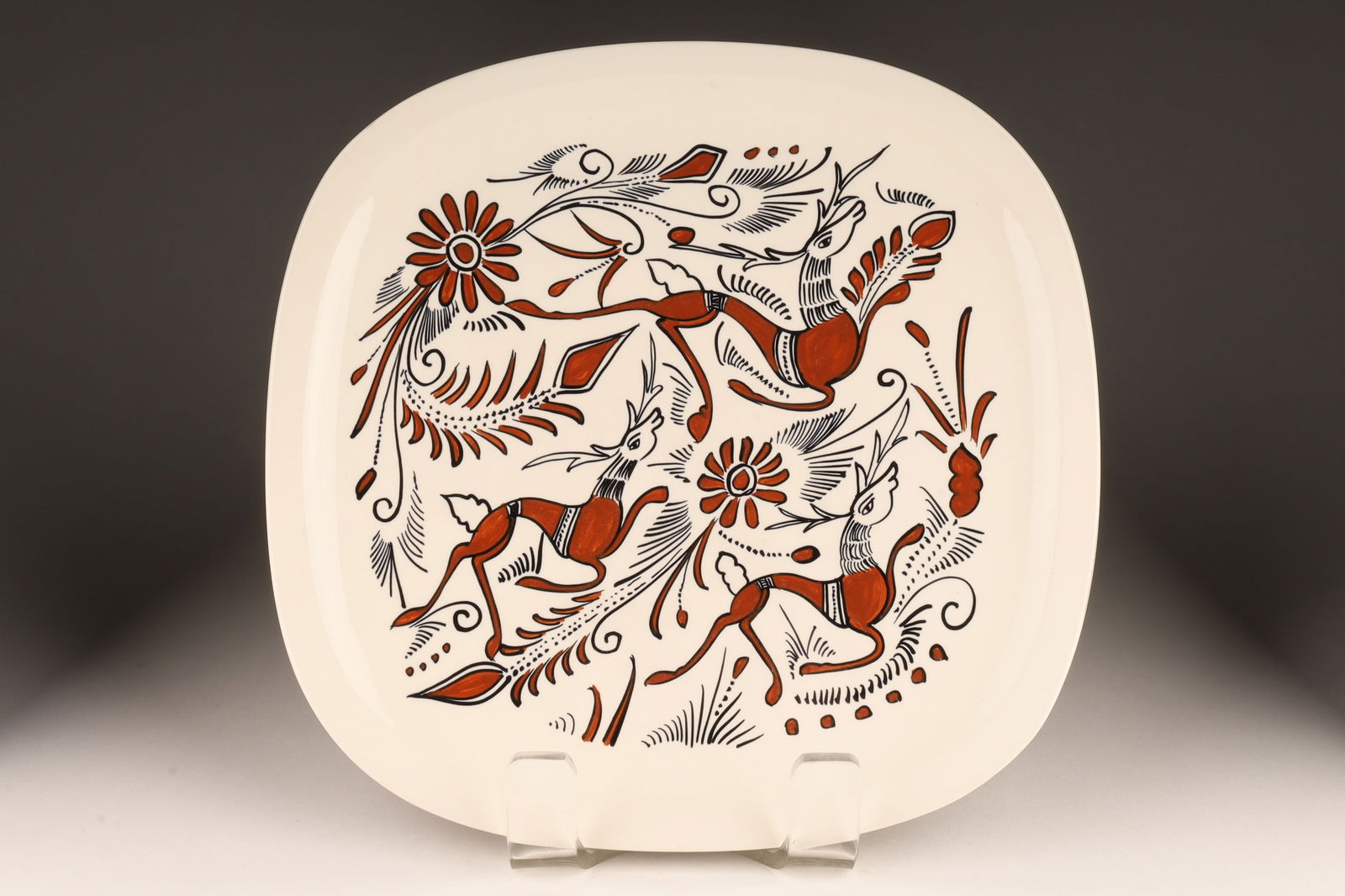 Rare Taxco Los Castillo Cabinet Plate Leaping Deer: Rare Taxco Los Castillo Cabinet Plate, Leaping Deer in foliage. Marked on verso, measures 10.75 inches x 11 H.