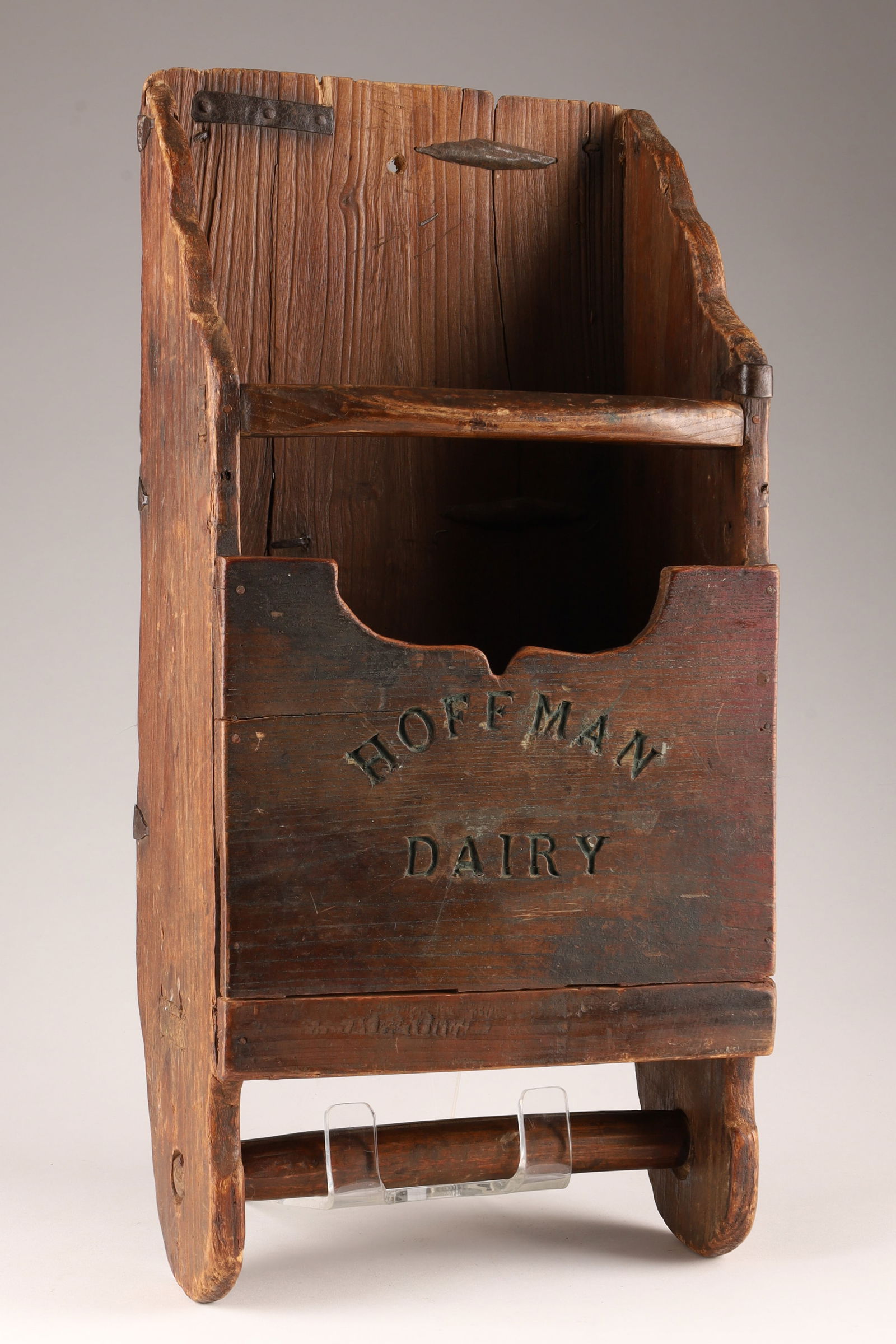 Antique Primitive Wood Hoffman Dairy Grain Scoop: Antique Primitive Wood Hoffman Dairy Grain Scoop. 21 inches H x 10 W x 6.5 deep. With old metal repairs.