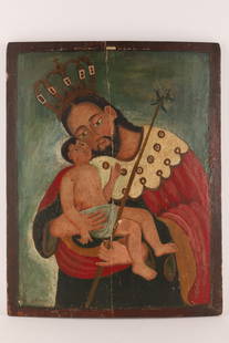 Retablo Spanish Colonial School St Joseph/Christ: Saint Joseph with the Christ Child painting in the style of the Spanish Colonial School. A 19th century Retablo on wood panels, measuring approximately 50 x 40cm. It shows some discolouration and wear