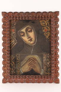 Antique Spanish Colonial Painting Virgin Sorrow: Anonymous (Cuzco School in the style of the late 17th to early 18th Century) La Virgen de la Soledad painting. The work, by an unknown master has antique restorations to the canvas, visible from the b