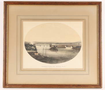 1855 Suspension Bridge Over Chaudiere Falls Litho: William S. Hunter Jr. Canadian Landscape Suspension Bridge Over Chaudiere Falls Hand Tinted Coloured Lithograph J.H. Bufford's Lithograph, Boston 1855 From Harris's Mill Victoria Island - Ottawa river
