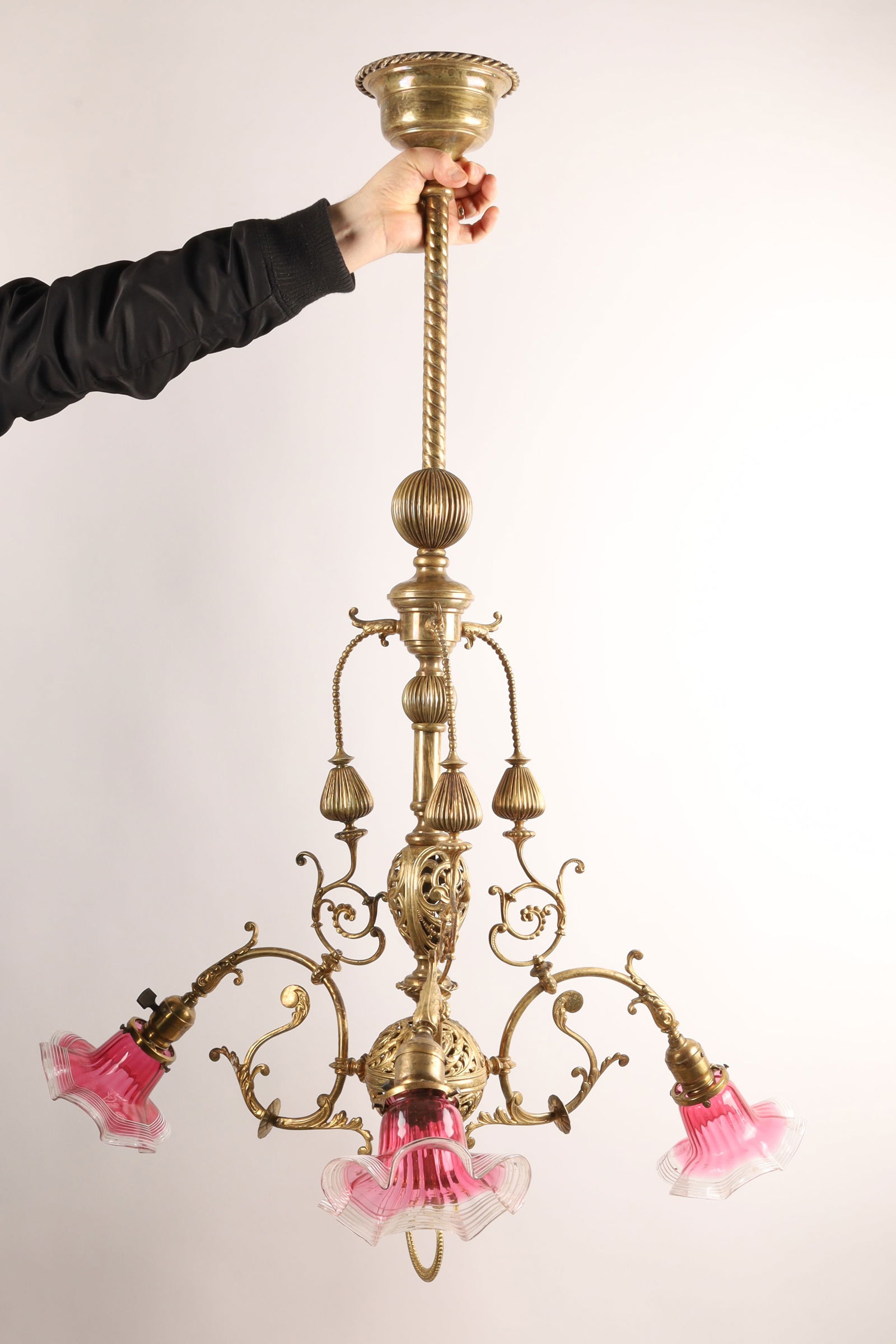 Victorian Bronze and Cranberry Glass Ceiling Lamp (1 of 8)