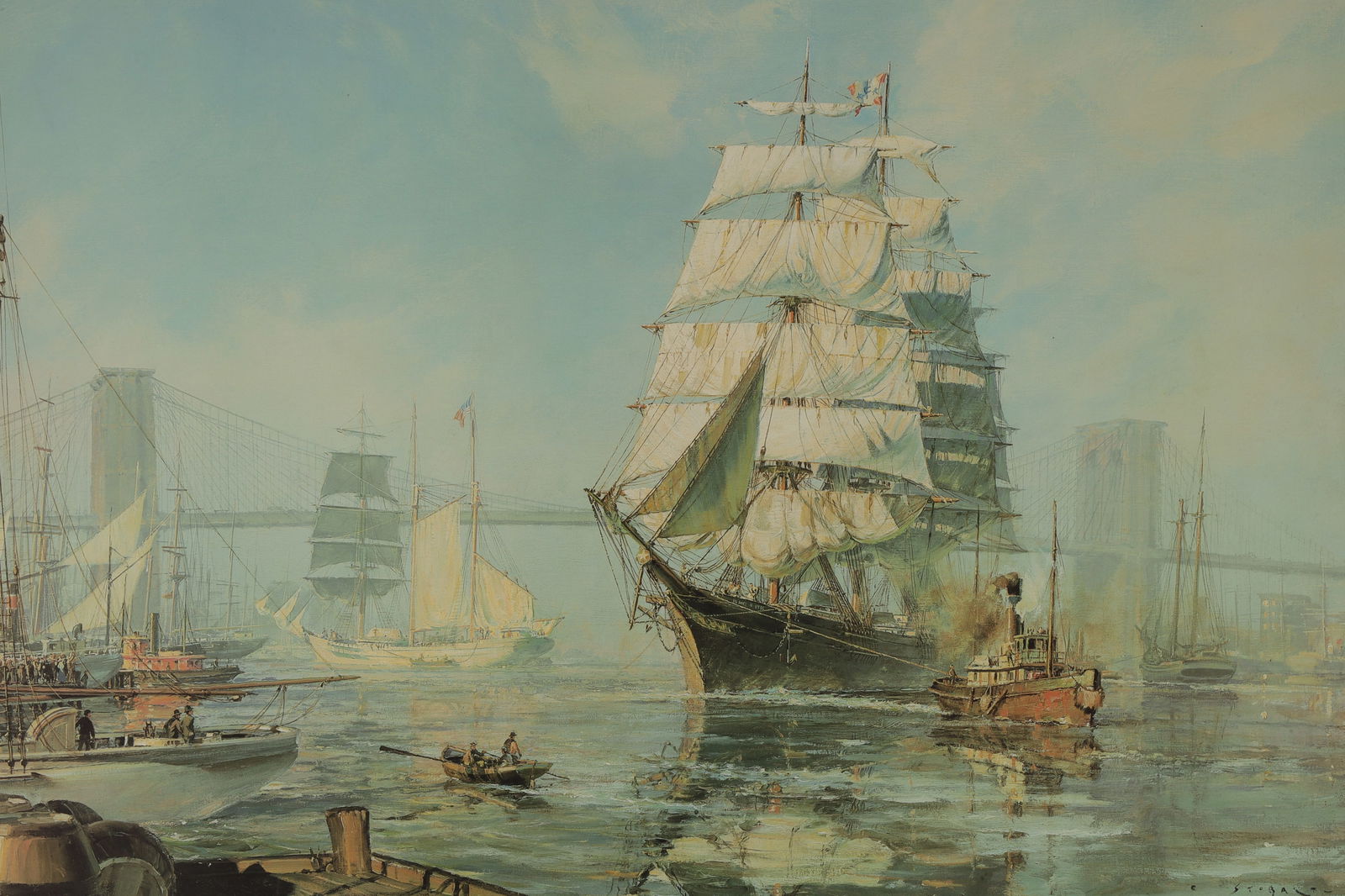 John Stobart Lithograph, 1886 New York Harbour: John Stobart Limited Edition Lithograph, The Ship Henry B Hyde Leaving Pier 20, the East River 1886. Signed and numbered 19/750. Framed, measures 34 inches H x 40 W.