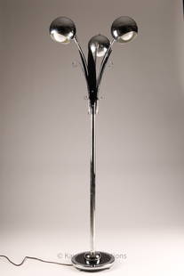 1970s Mod Chrome Ball Sonneman Style Floor Lamp: 1970s Mod Chrome Eye Ball Robert Sonneman Style Floor Lamp decorated with lucite petal shapes. 50 inches H x 22 W