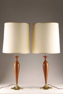 MCM Tony Paul Brass and Walnut Table Lamps: Pair of Mid Century Modern Tony Paul Brass and Walnut Table Lamps. 31.5 inches H x 13 W with shade, 13 inches H without.