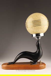 Art Deco / Mid Century Wood Carved Seal Lamp: Art Deco / Mid Century Wood Carved Seal Lamp. 14 inches H x 5 W x 11 L.