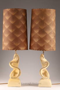 MCM Weinberg Style FAIP Abstract Figural Lamps: Mid Century Weinberg Style FAIP Chalkware Abstract Figural Female Table Lamps with vintage whipstitch op art shades. 27 inches H x 9 W, figures measure 11 inches H. Marked FAIP on backs.