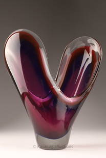 MCM Flygsfors Style Art Glass Heart Form Vase: Mid Century Flygsfors Style Art Glass Heart Form Vase. Unsigned, measures 9 inches H x 7 W.