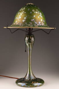 Phoenix Studios Carl Radke Chip Glass Table Lamp: Phoenix Studios Carl Radke art glass table lamp. Features iridescent green circular flared shade and body with a green, blue and brown chip pattern and closed base. Etched mark Carl Radke 78 Phoenix