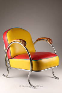 Art Deco / Machine Age Tubular Club Chair: Art Deco / Machine Age Tubular Club Chair with Naugahyde Upholstery and Carved Wood Applied Arms. 32 inches H x 25 W x 30 deep.