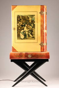 Aldo Tura MCM Italy Goatskin Book Form Bar Cabinet: Mid Century 1950s Italian goatskin book shaped dry bar cabinet designed by Aldo Tura. The bar is constructed of wood covered with lacquered goatskin with a hand painted Renaissance Style scene.