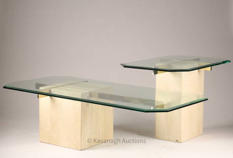 1970s Modern Artedi Italy Travertine Side Tables: Pair of 1970s Modern Artedi Italy Travertine Side Table and Coffee Table. Larger table measures 50 x 25 x 20 inches H.