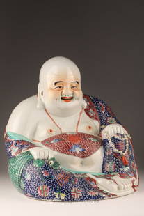 Chinese Republic Period Famille Rose Buddha Budai: Chinese Republic Period Famille Rose Buddha Budai, Impressed Wei Hong Tai mark. 10 inches H x 10 W x 9 deep.