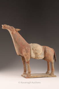 Antique Chinese Earthenware Figure Saddled Horse: Antique Chinese Earthenware Figure of a Saddled Pack Horse, with head upraised. Unglazed earthenware with pigment. 9.5 inches H x 10 L x 3.5 W. Restoration to tail, legs.