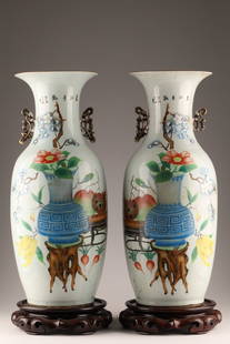 Pair Chinese Large Porcelain Republic Period Vases: Pair Chinese Large Porcelain Republic Period Famille Rose Vases on Stands with Calligraphy Poems on verso. Decorated with flowers and fruits in vessels on stands. Vases measure 23 inches H x 9 W, 25 i