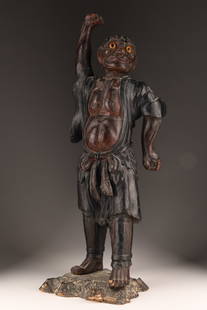 19th C Carved Polychrome Japanese Statue: 19th C Carved Polychrome Japanese Statue Depicting a Nio/Guardian figure with one arm raised. 22 inches H x 8 W x 7 deep. Some loss to foot, finish.