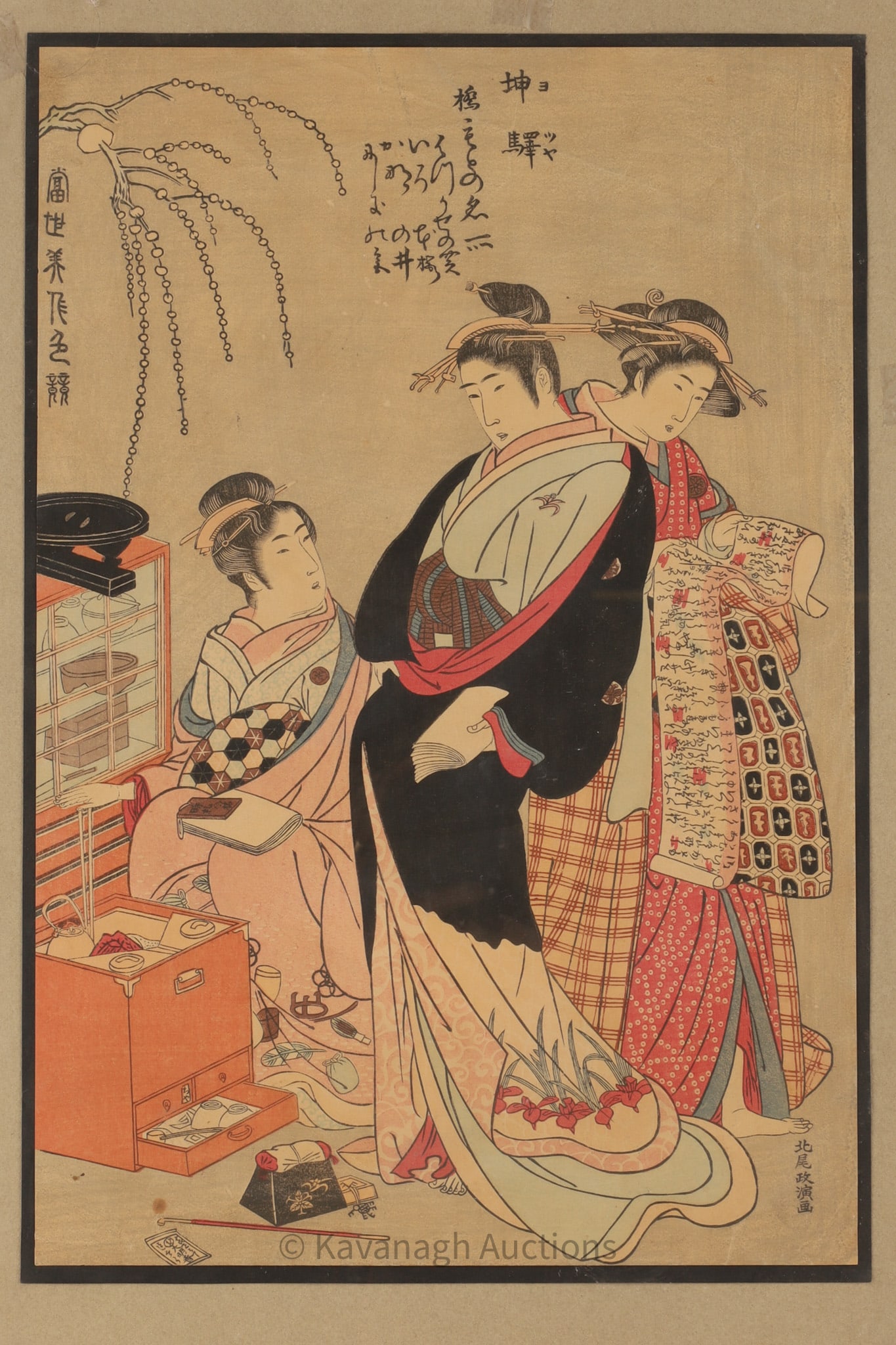 Japanese Woodblock Print Kitao Masanobu, Beauties: Kitao Masanobu (1761 - 1816) Japanese Woodblock Print Sensual Modern Beauties. Paper measures 15.25 inches H x 10.25 W, frame measures 23 x 17 inches.