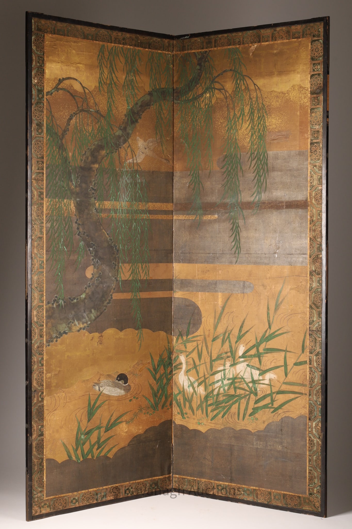 19th C. Japanese 2 Panel Gold Leaf Screen Ducks (1 of 12)