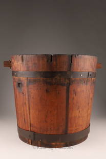 Antique Wood Primitive Bucket Pail: Antique Wood Primitive Bucket Pail with metal straps and an internally mounted later handle. 11 inches H x 12 W, 13.5 W including the handle.