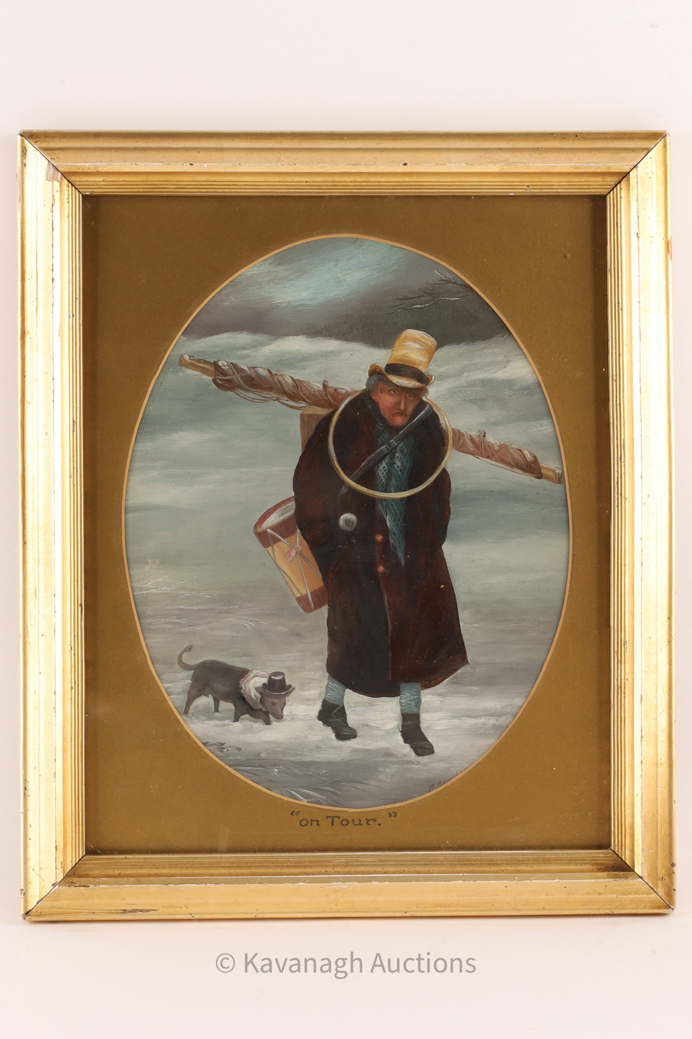 American Folk Art Figural Painting, On Tour: American Folk Art Painting, On Tour depicting a musician walking through the snow with his dog. Purchased from an estate in New York. Frame measures 12.5 x 10.5 inches W. In oval cartouche, painting m