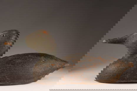 Black Duck Decoy Robin Brothers Shoe Montreal: Black Duck Decoy Robin Brothers Shoe Factory Decoys Montreal. Repair to base of neck, measures 6 inches H x 16 L x 6 W.