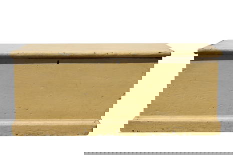 19th C Quebec Pine Blanket Chest Cream Paint: 19th Quebec Pine Blanket Chest with Forged Nails with Yellow / Cream Paint over original green paint, and fish tail forged hinges, interior compartments. 42 inches W x 19 deep x 16.5 H. Coffre du Qué