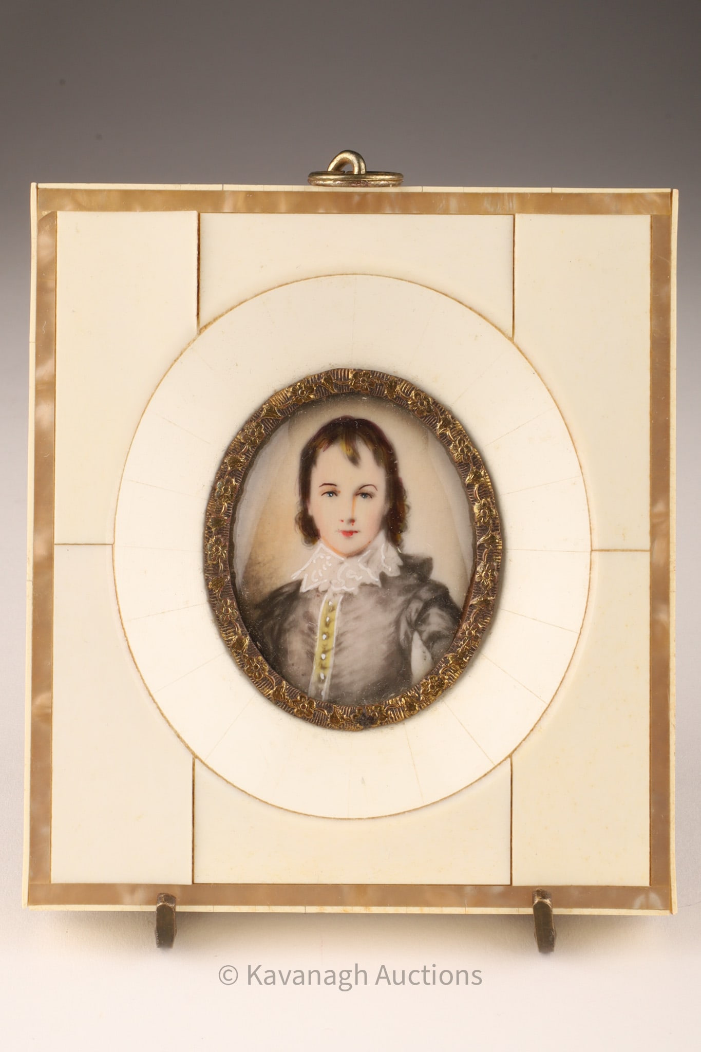 After Gainsborough's Blue Boy, Miniature Portrait: A finely executed portrait miniature painting after Thomas Gainsborough (English, 1727-1788), Blue Boy painting. It is executed on an oval background with bombe glass and presented in a mother of pear