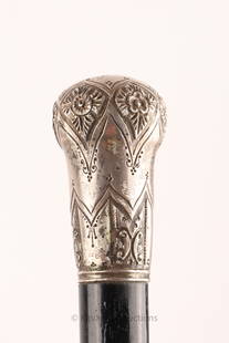 Victorian Silver Presentation Walking Stick Cane: Victorian Silver Presentation Walking Swagger Stick Cane. Engraved with owner's initials, C. 1880. With ebonized shaft (repaired) and metal ferrule. 35.5 inches H.