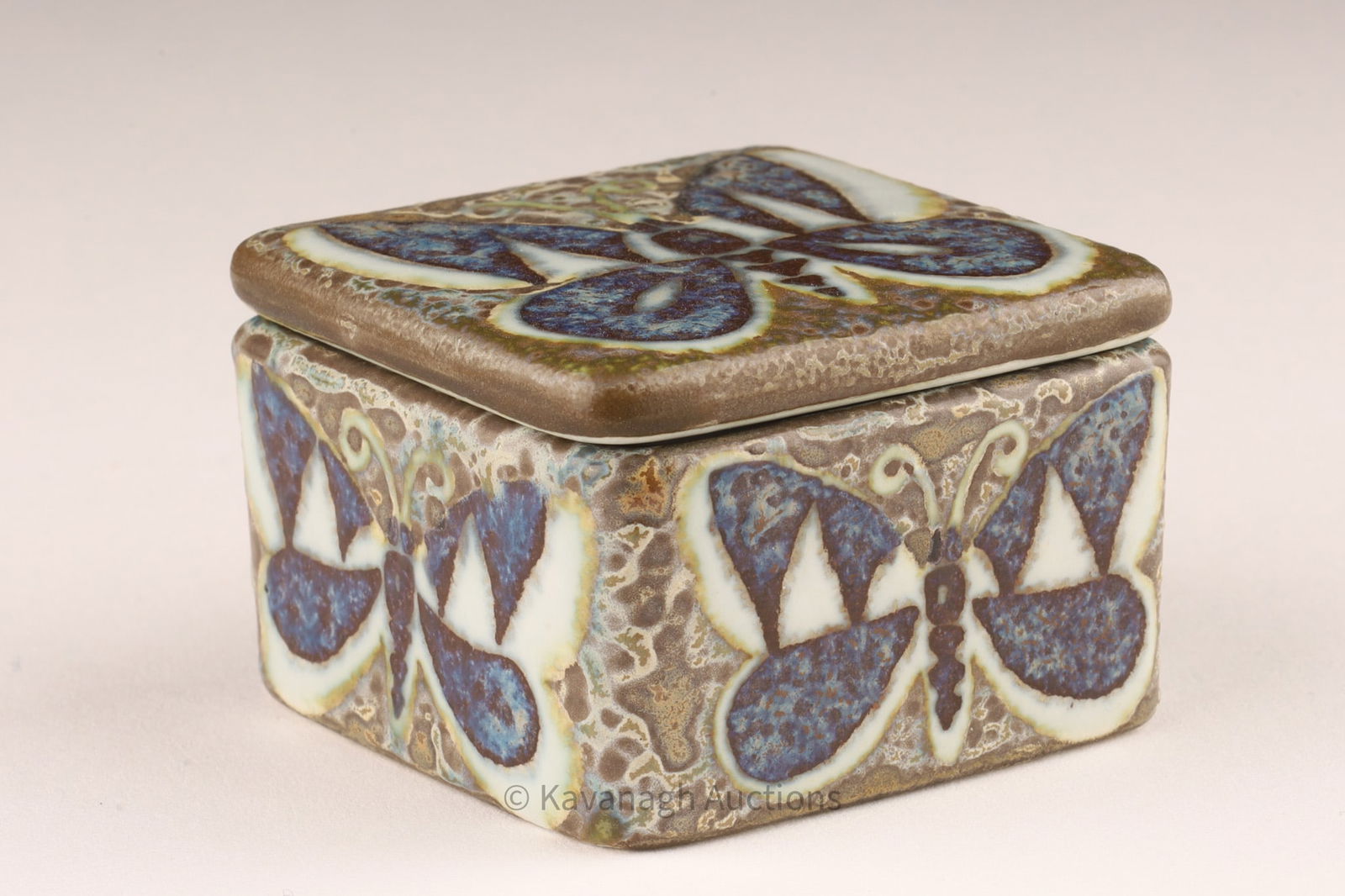 MCM Royal Copenhagen Nils Thorsson Small Pill Box: Mid Century Royal Copenhagen Denmark Nils Thorsson RARE small pill box with butterfly. 1.75 x 1.75 x 1.25 inches H.