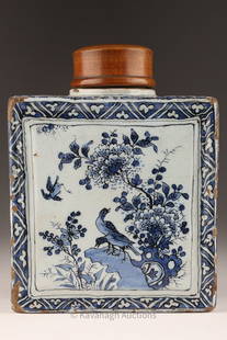 Antique Faience Delft Blue and White Tea Caddy: Antique Faience Delft Chinoiserie Blue and White Tea Caddy Signed AC or AK 8. Threaded wooden turned lid. Some small chips to edges. 6.5 inches H x 5 W x 2.5 deep.