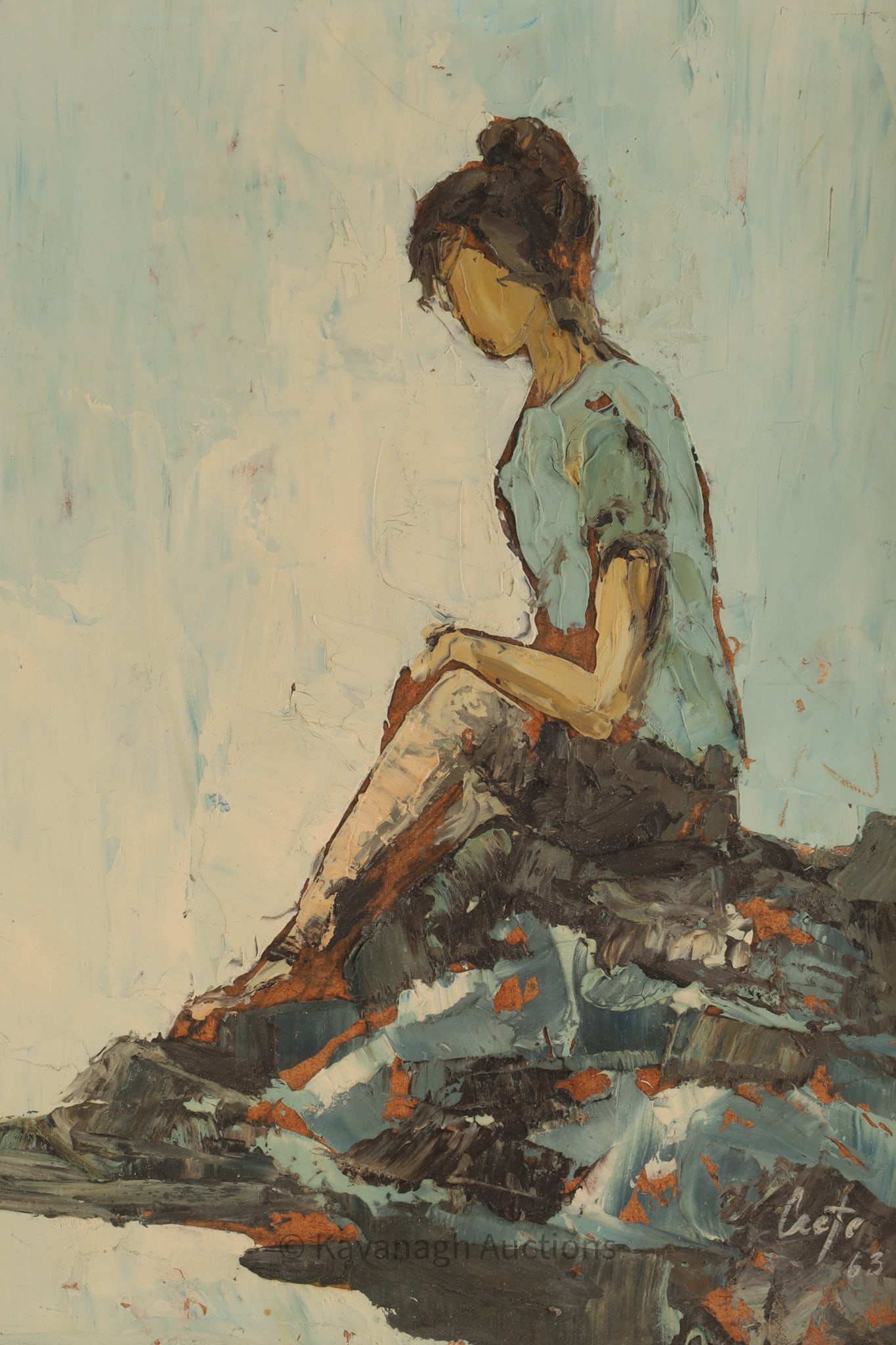 1963 Signed Impressionist Woman on Shore Painting: 1963 MCM Signed Impressionist Woman Seated on Shore Oil Painting. Painted on masonite, measures 12 inches H x 10 W, frame measures 17 x 15 inches. Signed and dated lower right.