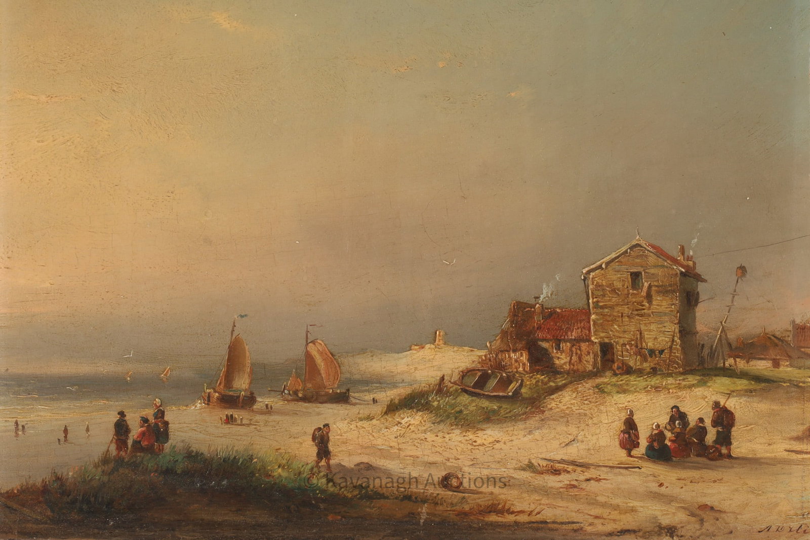 19th C. Coastal Seashore Scene Oil on Panel Signed (1 of 4)