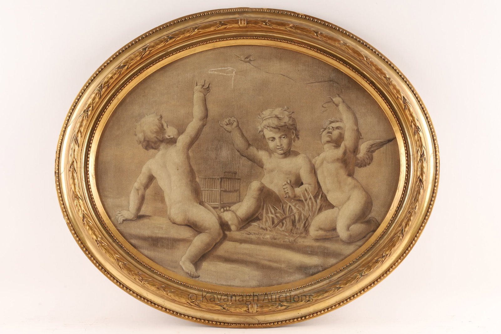 Antique 19th C Italian Grisaille Painting of Putti (1 of 7)