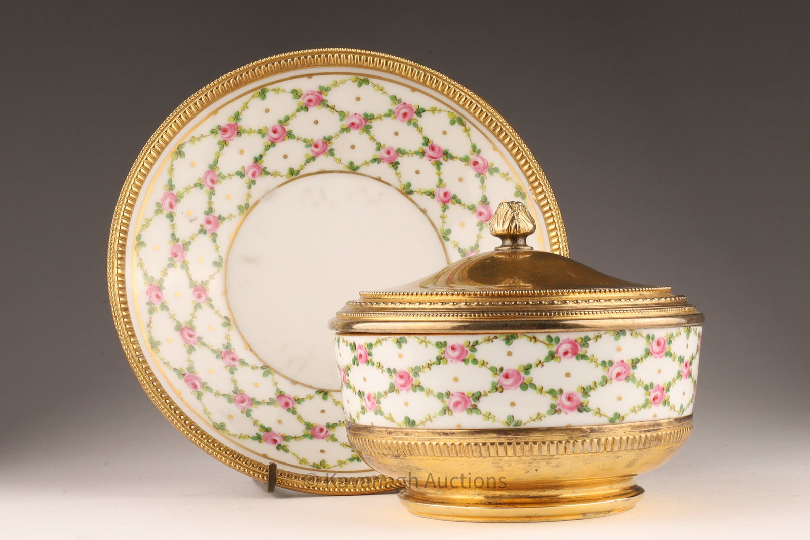 Antique Marie Antoinette Vermeil Lidded Bowl: Marie Antoinette Vermeil Lidded Bowl with Queen's Factory mark, Red A under crown. Decorated with hand painted roses in a lozenge form grid. French 950 silver hallmark to lid, left facing Mercury with