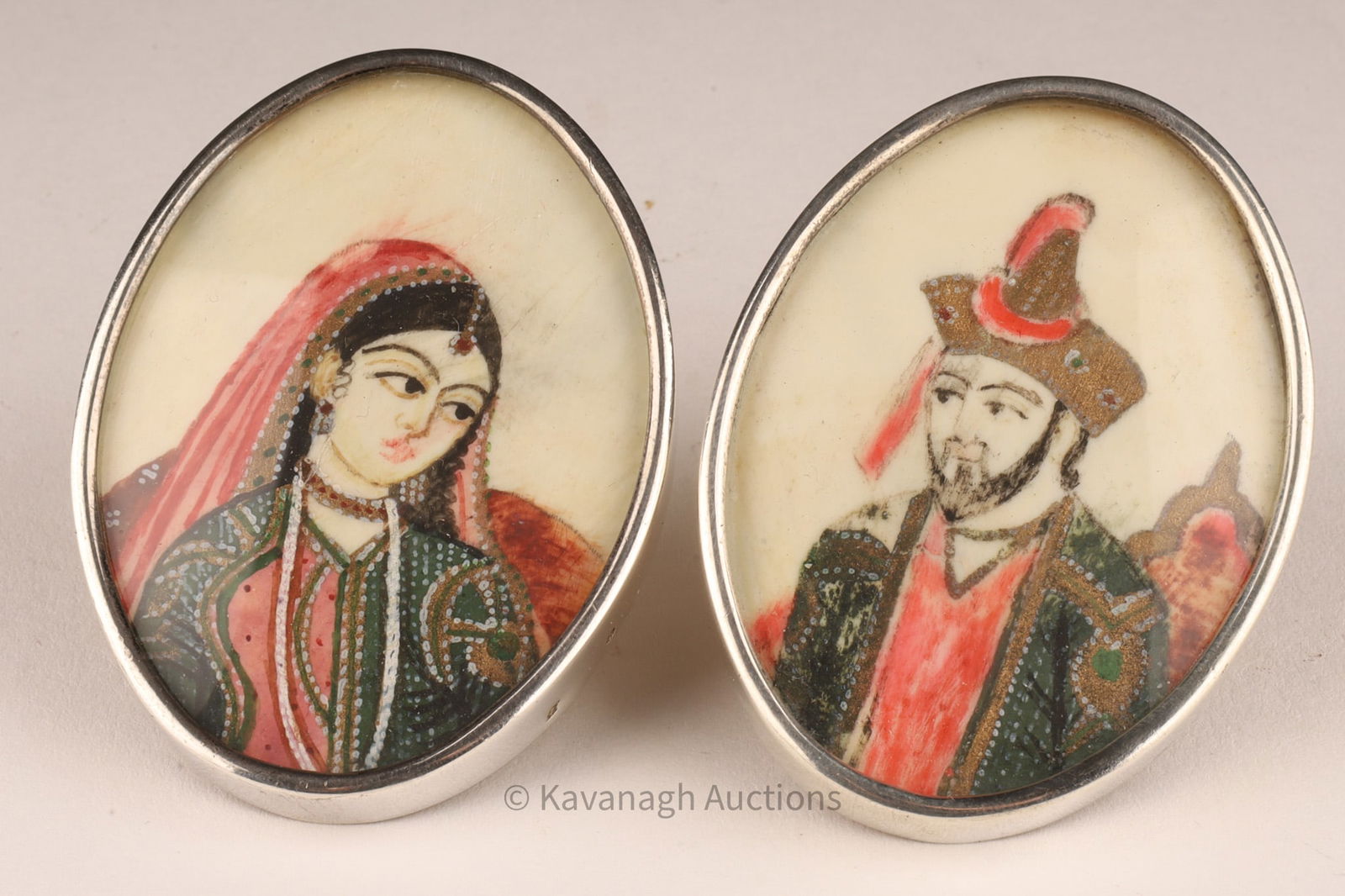 Pair of Indian Painted Portrait Silver Cufflinks: Pair of 800 silver cufflinks with Indian portrait paintings on bone. Crab hallmark from 1838, France. 2.25 inches x 1.5 W x 1 deep, 50.0g total weight.