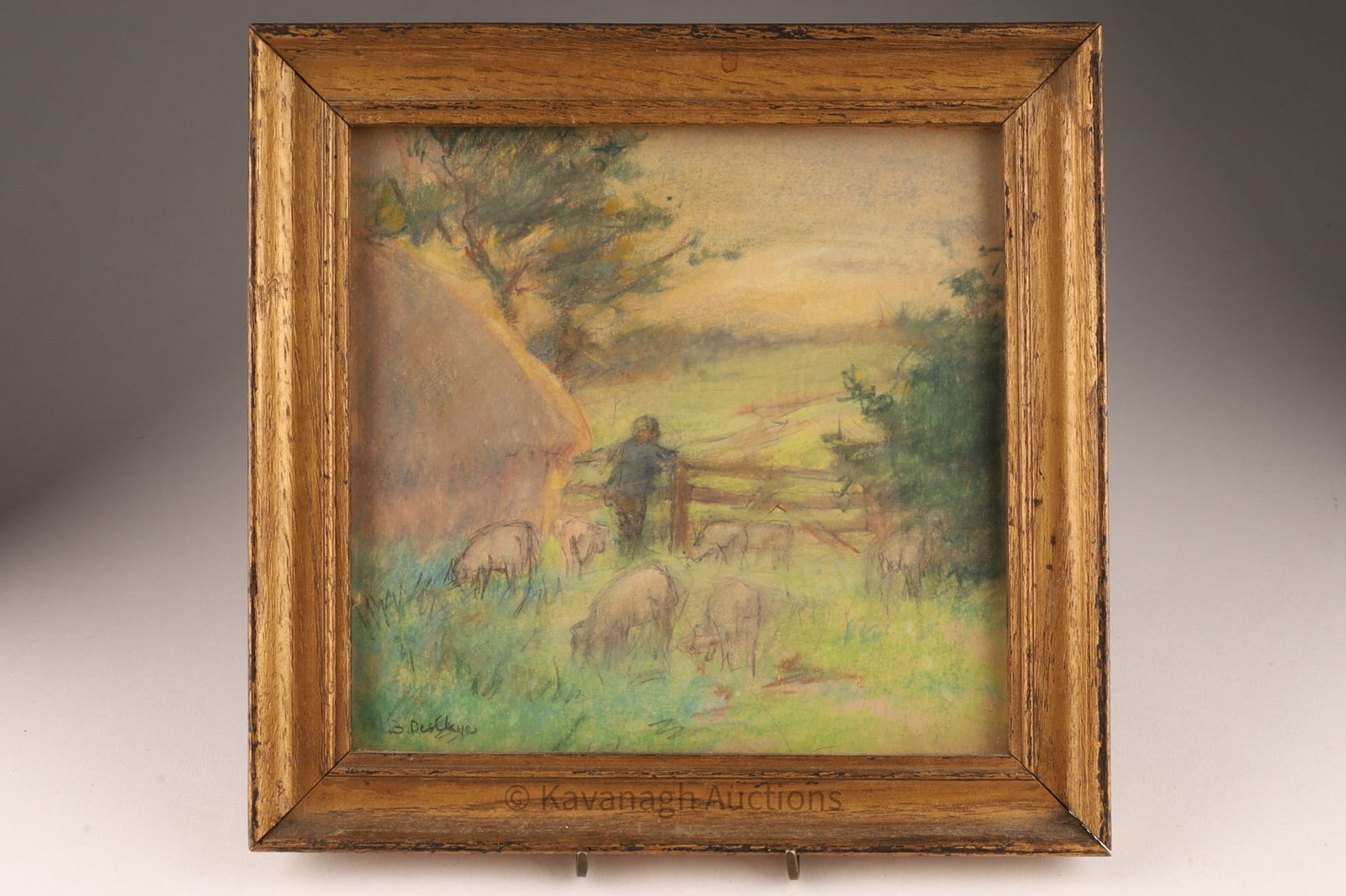 Berthe Des Clayes (Scottish-Canadian, 1877-1968): Berthe Des Clayes, (Scottish-Canadian, 1877-1968), Pastel Landscape depicting a rural scene with a figure and sheep in a field. Signed lower left, measures 6.75 inches x 6.75 inches sight, frame measu