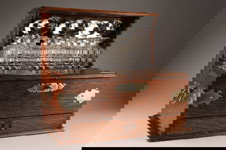 Antique Oak and Cut Crystal Decanter Tantalus: Antique Victorian Oak and Cut Crystal Decanter Tantalus with games drawer and Secret lock compartment. Decanters measure 9 inches H x 3.5 W, box measures 13 inches H x 10.5 W x 14 L.