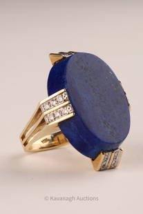 14K Gold Art Deco Lapis Lazuli and Diamond Ring Size 7: 14K Gold Art Deco Lapis Lazuli and Diamond Ring Size 7. Total weight 20.9 grams, oval lapis stone measures 3 cm x 2 cm x 0.6 cm, set with 20 small round faceted diamonds.
