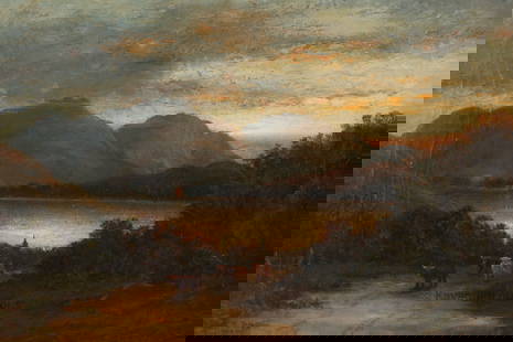 James McLean 19th C Scottish Highlands Cows: James McLean (1871-1910) 19th C Scottish Impressionist Landscape. Old paper label on verso describing it as Holy Loch from Dunoon Road. Signed lower right. Canvas measures 12 inches H x 16 W, old Glas